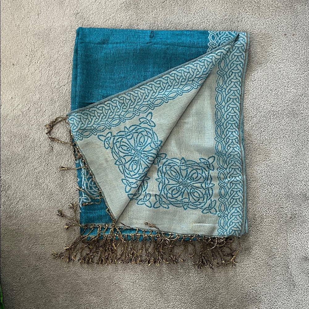 Celtic Teal and Beige Patterned Scarf/wrap with Fringe